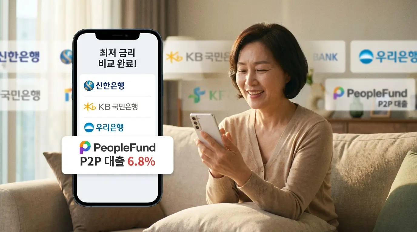 스마트폰 대출 비교 플랫폼을 통해 1금융권부터 피플펀드 같은 P2P 대출까지 최저 금리를 한 번에 비교하고 안도하는 소비자의 모습