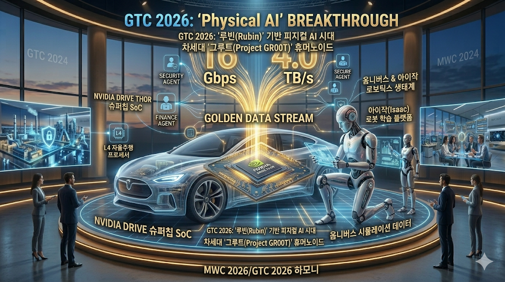 GTC 2026에서 강조된 물리적 AI 시대를 상징하는 이미지. 자율주행 플랫폼 '소르(Thor)'가 탑재된 차량과 차세대 휴머노이드 로봇이 유기적으로 데이터를 주고받으며 협업하는 전경. 현실 세계로 확장된 AI의 미래상을 시각화함.