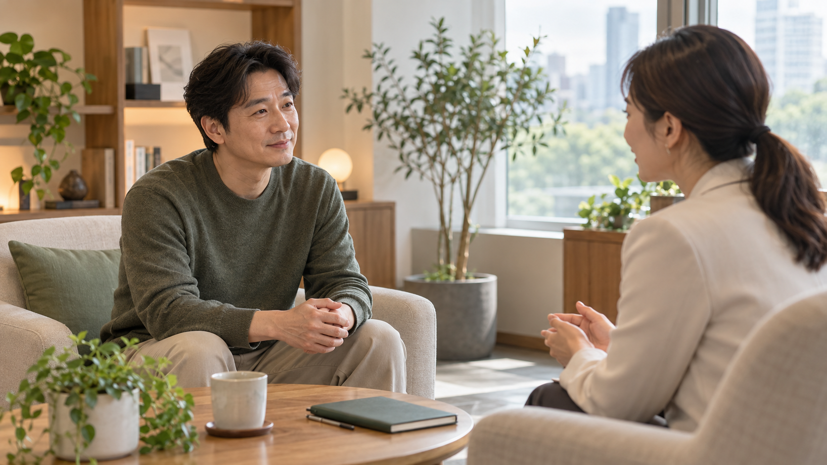 편안한 상담실에서 전문가와 마주 앉아 자신의 상태를 이야기하는 성인