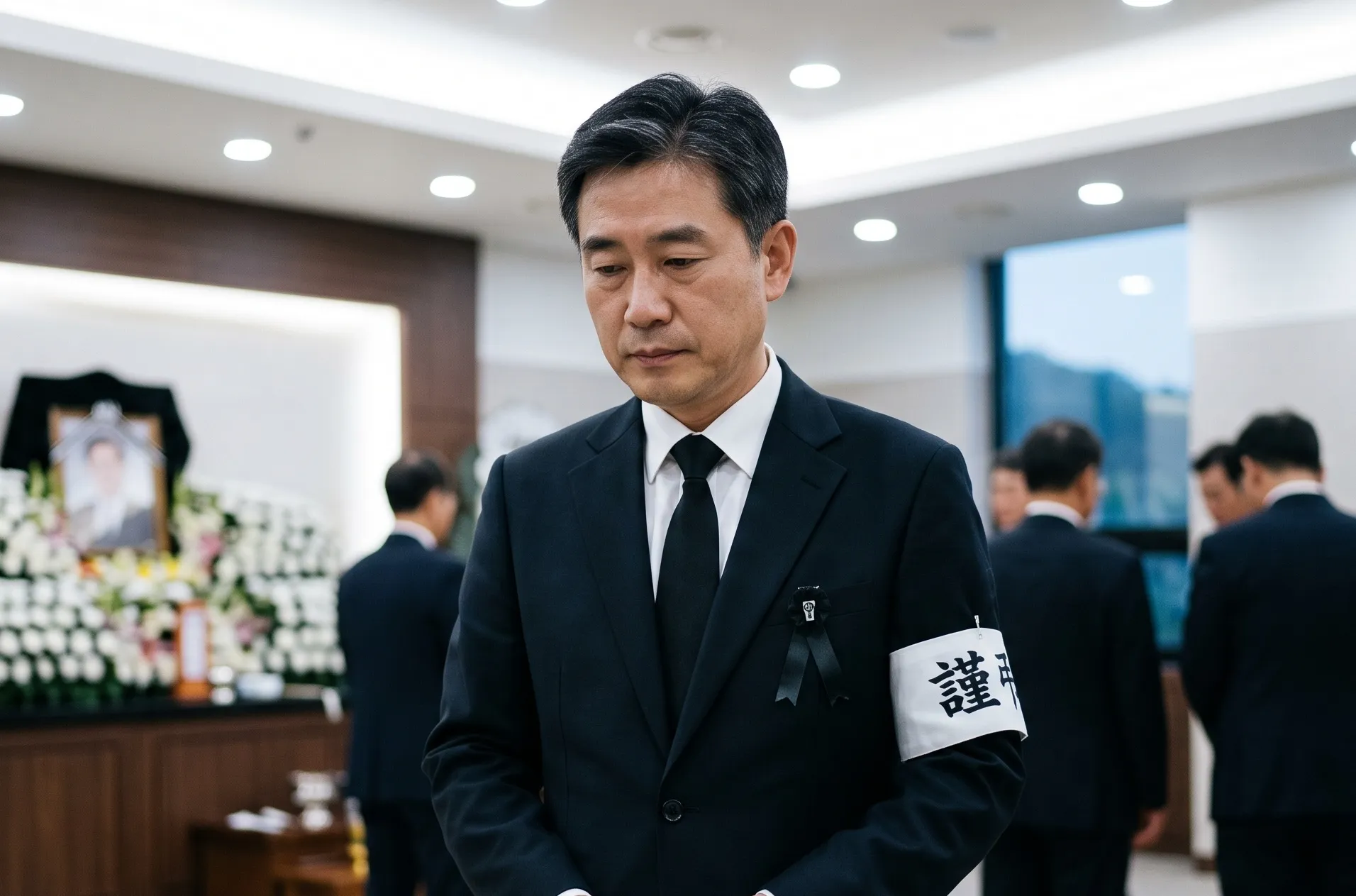 한국의 현대식 장례식장에서 침통한 표정의 상주가 검은 상복에 근조 완장을 차고 고인을 애도하는 모습을 담은 이미지