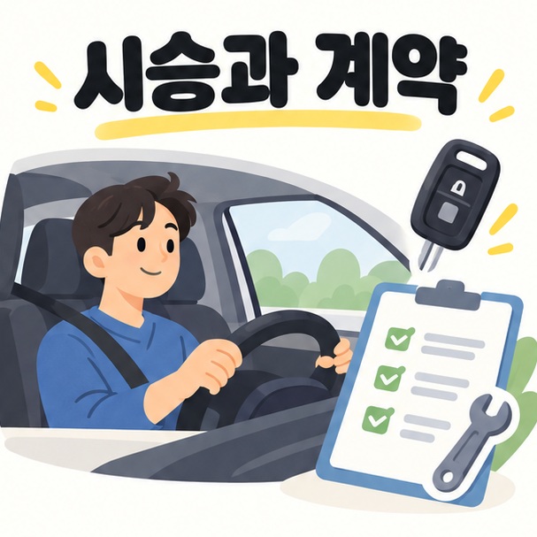시승과 계약 전 차량 공간 및 보증 조건을 확인하는 그림