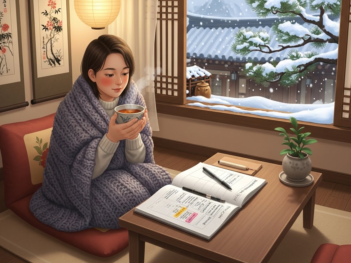 따뜻한 겨울밤, 새해 재정 계획을 세우는 한국인