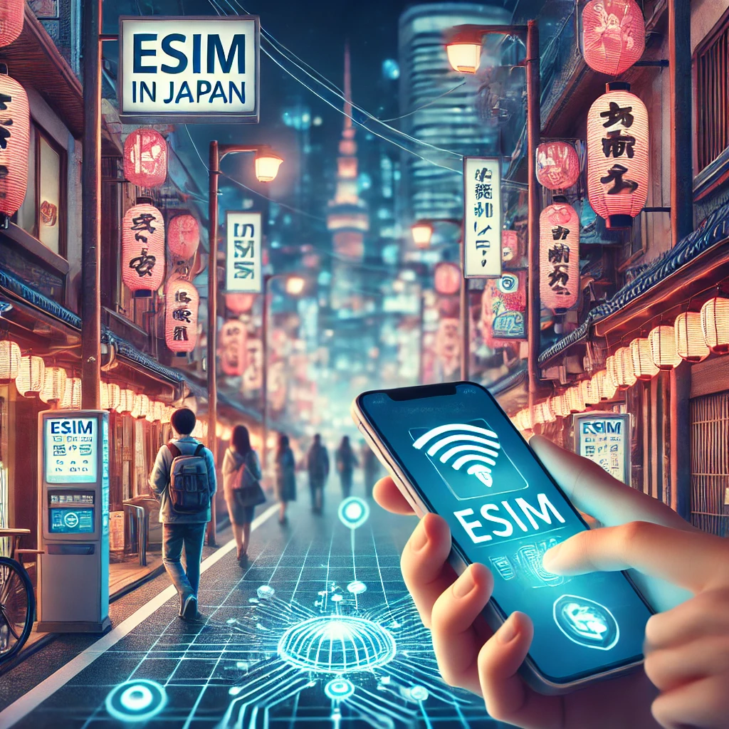 일본의 번화가에서 eSIM을 사용하는 여행자의 모습