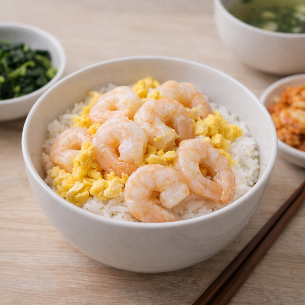 새우와 계란을 짧게 볶아 밥 위에 올린 간단 집밥 한 그릇입니다.