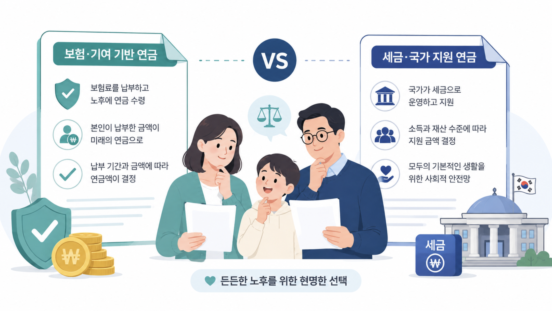 국민연금 장애연금과 장애인연금 제도 비교 일러스트