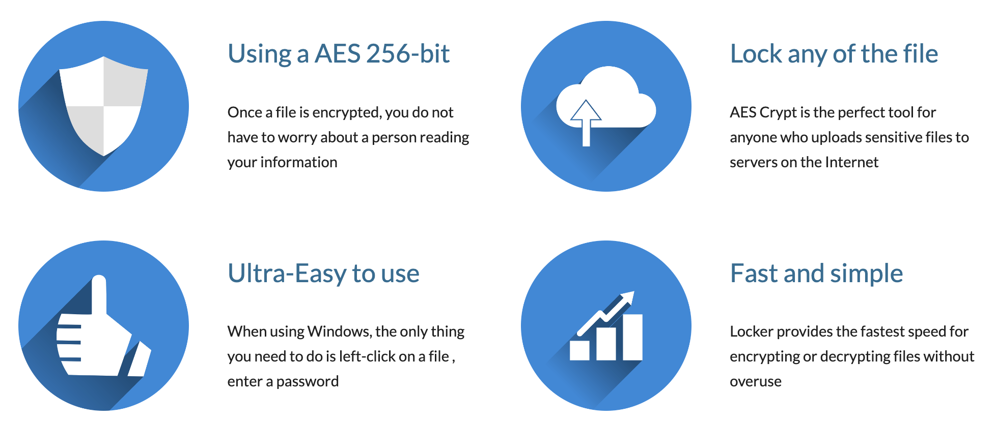 AESLocker 특징 설명 사진 - aes256보안 및 빠르고 쉬운 사용에 대한 설명