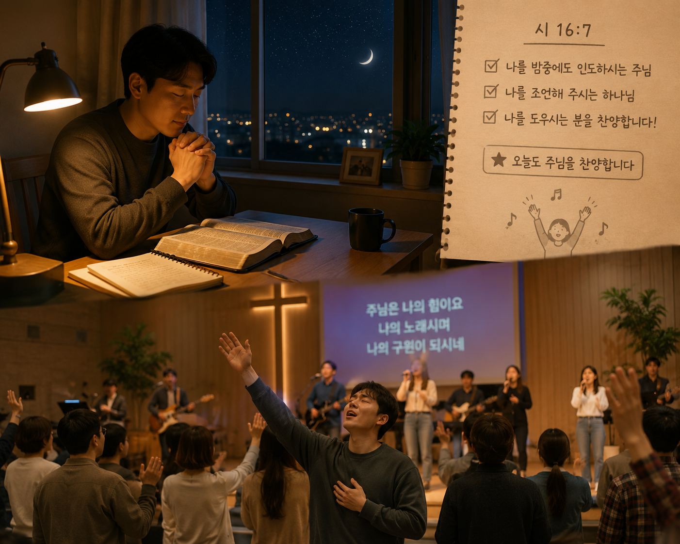 시16:7 말씀에서 주님께서는 나를 밤중에도 인도하시며 나를 조언해 주시는 분이심을 시편기자가 알았던 것처럼 나도 나를 도우시는 하나님을 묵상하며 하나님을 찬양하는 시간을 잘 가지도록 오늘도 기도할 때 하나님을 찬양하는 시간을 잘 가지며 주일모임에서도 주님을 잘 찬양하시는 시간을 가지는 모습입니다.