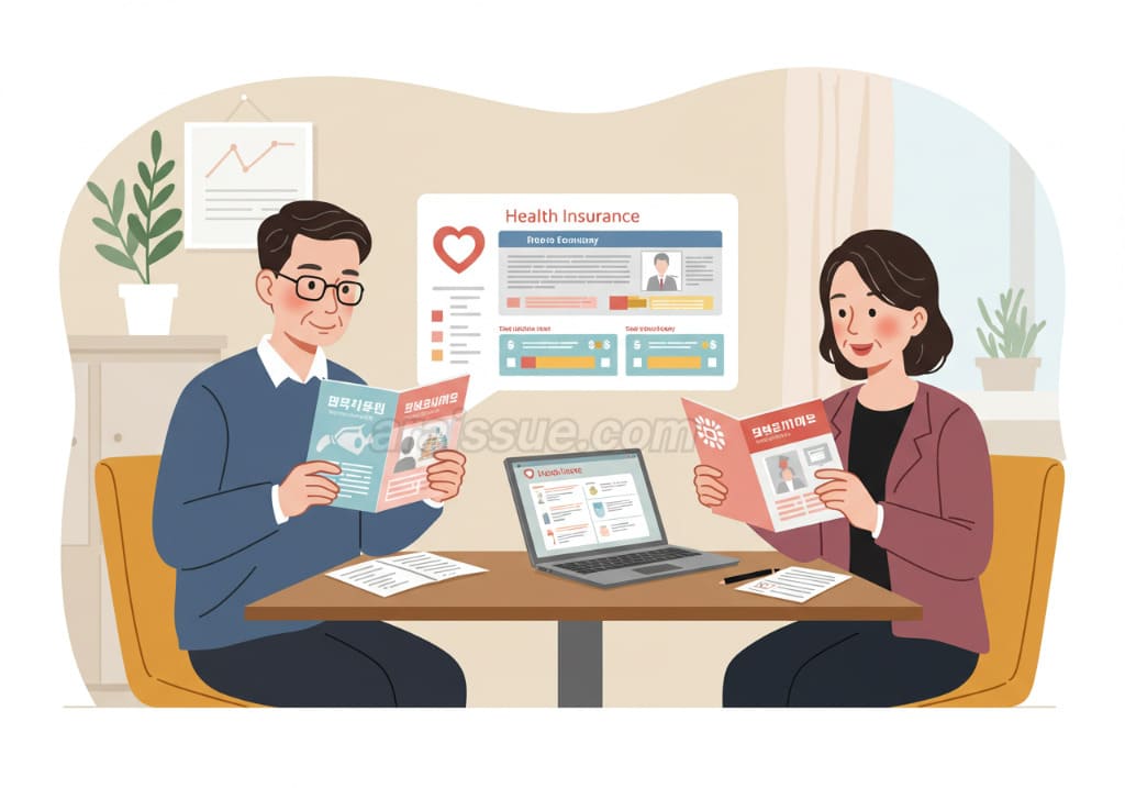 다양한 실손보험 상품을 비교하는 한국 중년 남성 및 여성. 여러 보험사의 상품을 비교하며 경제적인 선택을 하는 장면입니다.