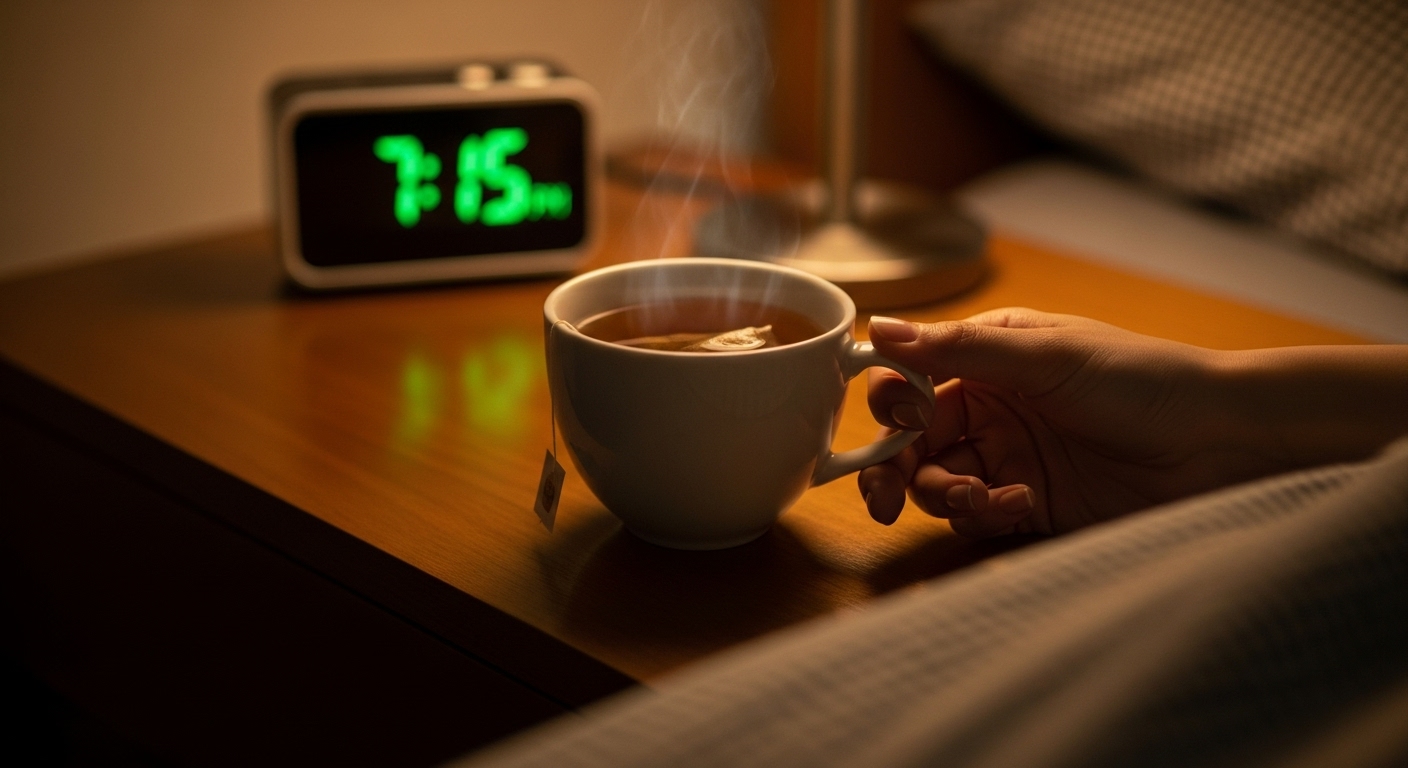 차분한 침실에서 한국인이 따뜻한 허브차 잔에 손을 뻗고 있습니다. 숙면을 위한 저녁 루틴을 보여줍니다.