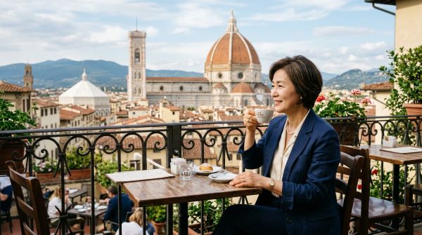 피렌체 두오모 성당이 보이는 카페에서 커피를 마시는 60대 한국인 여성