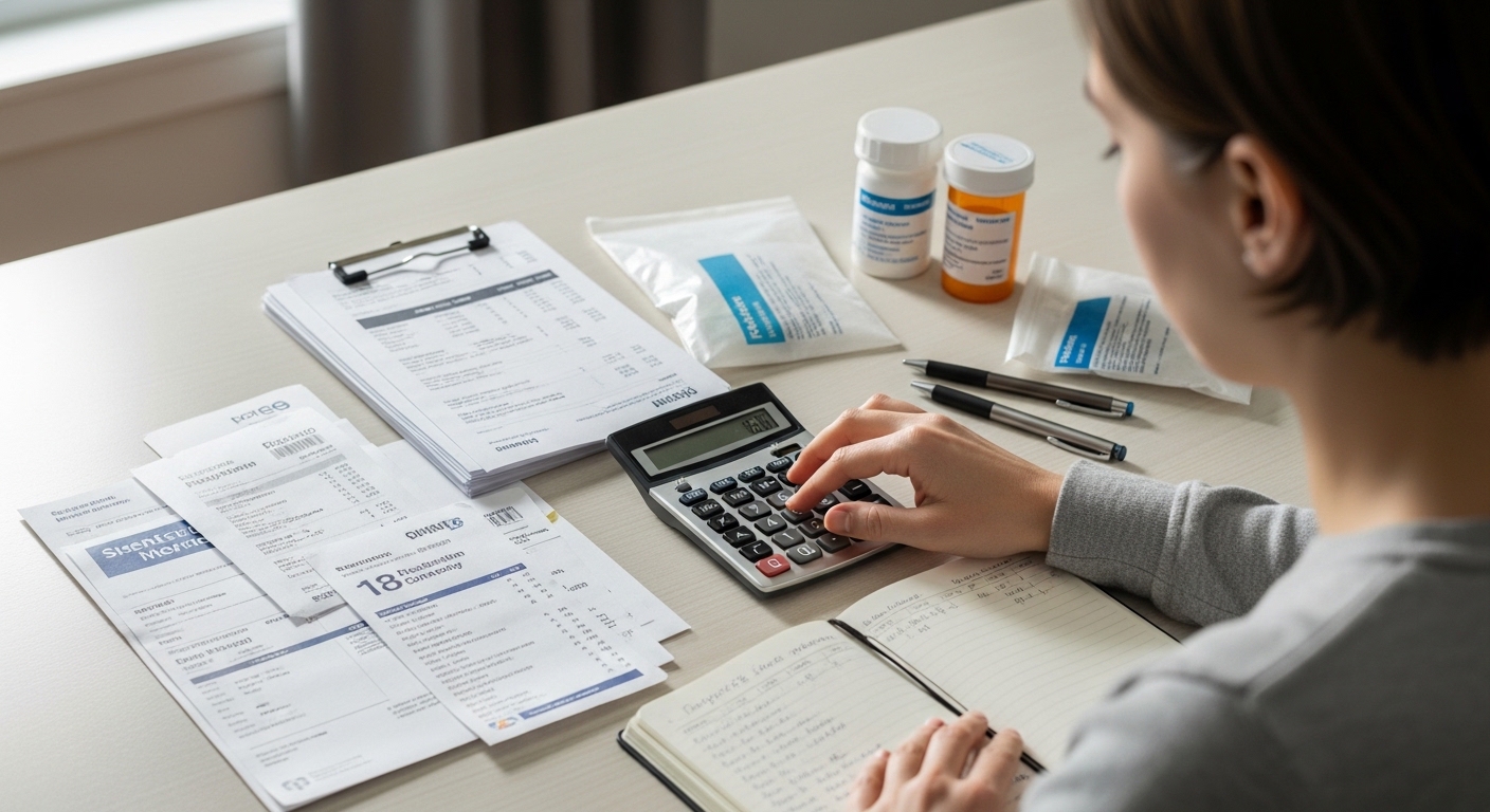 병원비 영수증을 계산기로 두드리고 있는 여인의 모습