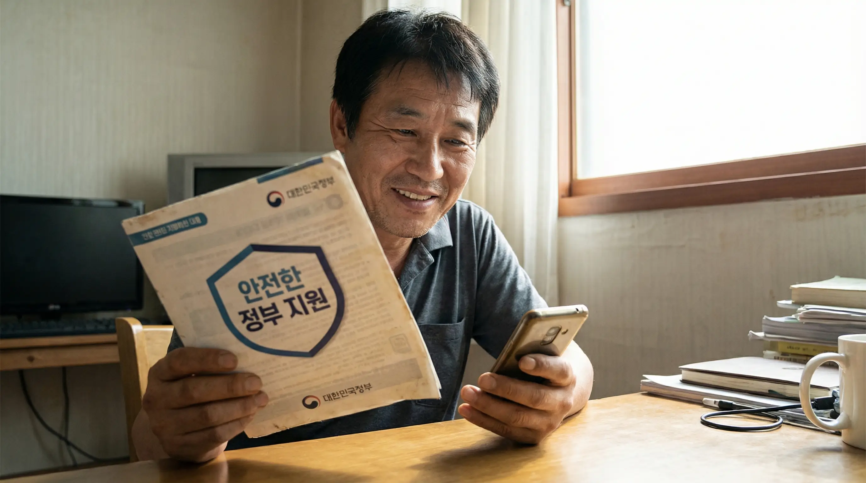 안전한 정부 마크가 찍힌 대출 상품 안내문을 보고 안심하며 신청하는 서민의 모습