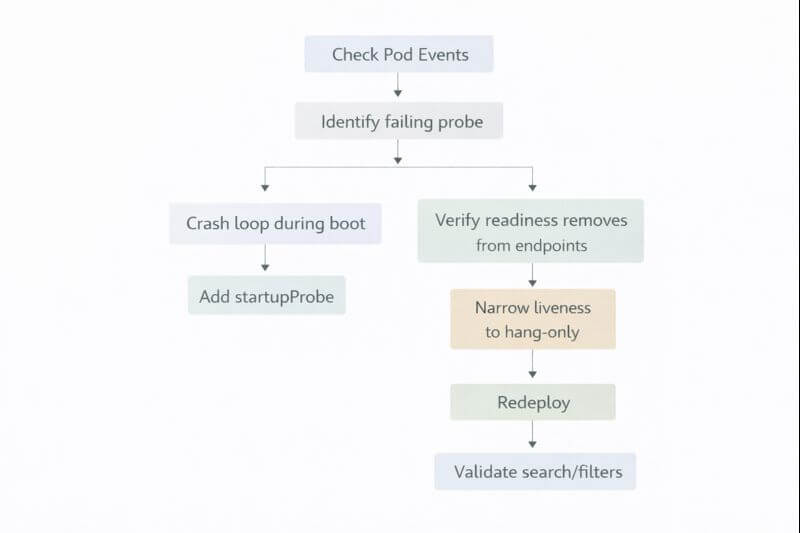 이벤트에서 어떤 프로브가 실패하는지 확인한 뒤, startup 보호 여부와 readiness 라우팅 동작을 점검하고 liveness 조건을 좁히는 절차를 보여주는 흐름도이다.