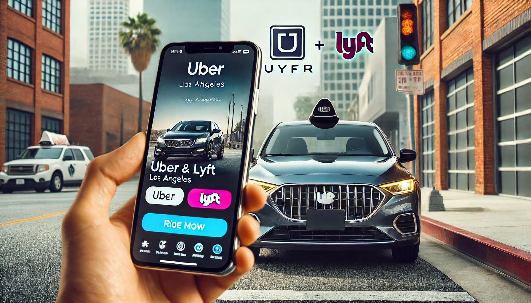 우버 & 리프트 앱 화면 + LA 도심 배경