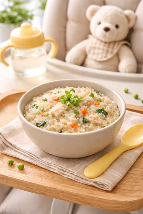 아이식탁에 완료기 이유식 닭고기 양배추 양파 진밥 세팅 사진