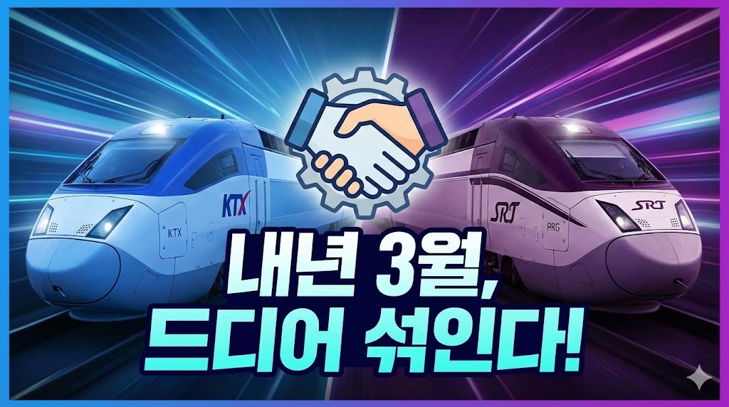파란색 KTX와 자주색 SRT 열차가 서로 교차하며 통합되는 모습