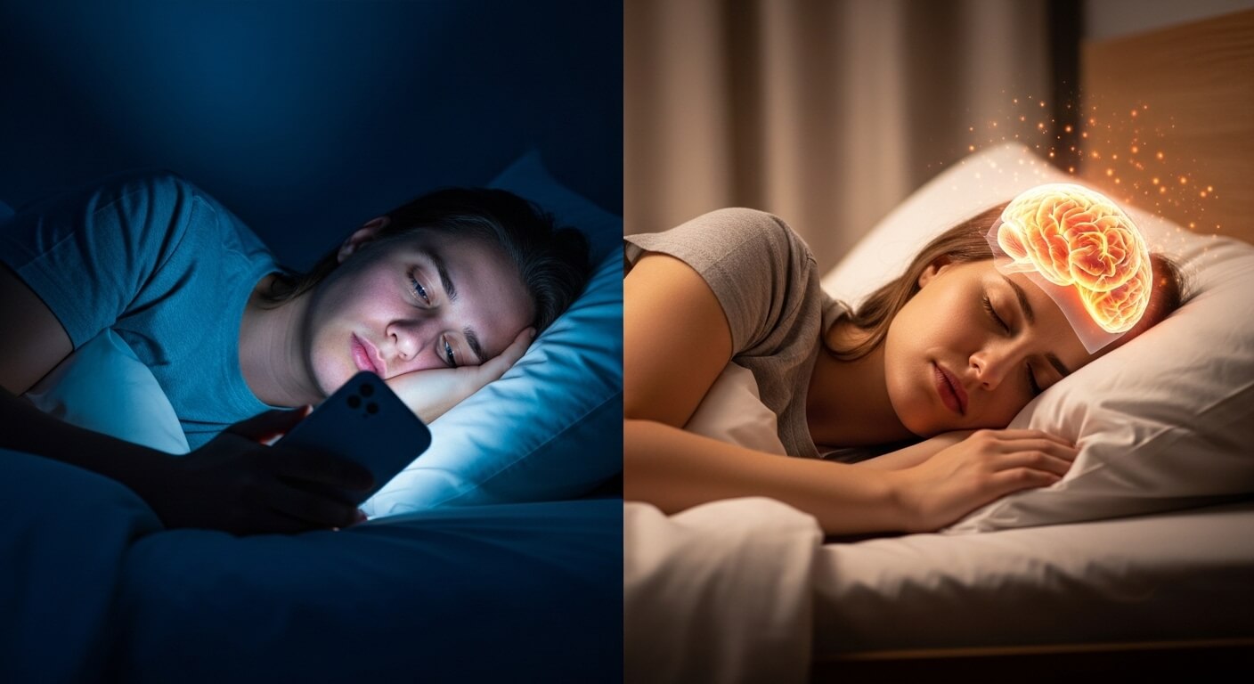 어두운 밤, 스마트폰을 보며 잠들지 못하는 사람과 따뜻한 조명 아래 편안하게 잠들며 뇌가 밝게 빛나는 사람을 대비한 이미지