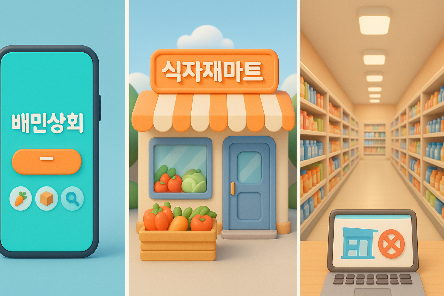 배민상회 앱 화면, 동네 식자재마트 전경, 대형마트 내부를 나란히 보여주며 각 채널을 비교하는 이미지