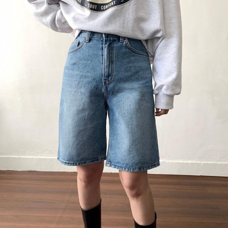 하이웨스트 와이드 5부 연청 데님 팬츠 청 반바지