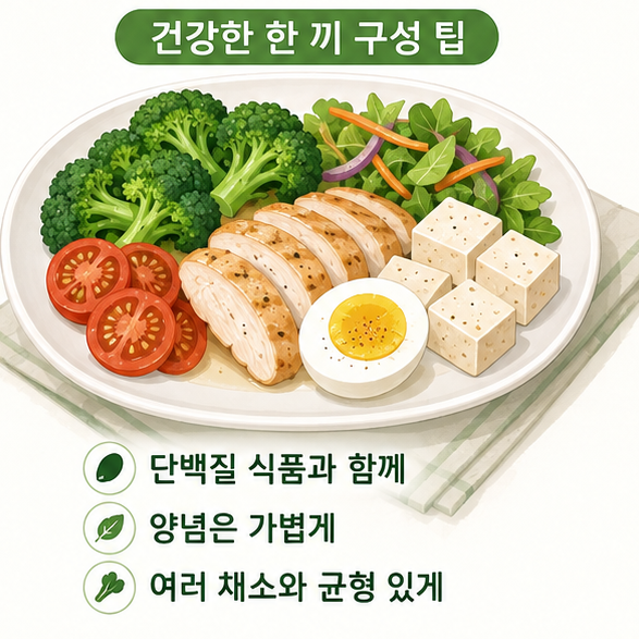 브로콜리를 달걀과 두부, 닭고기, 채소 등과 함께 균형 있게 먹는 방법을 보여주는 이미지