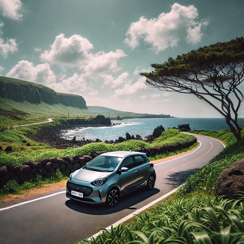 제주도 해안 도로에 주차된 은색 렌트카와 주변 자연 풍경, 푸른 바다와 맑은 하늘이 배경으로 보이는 장면