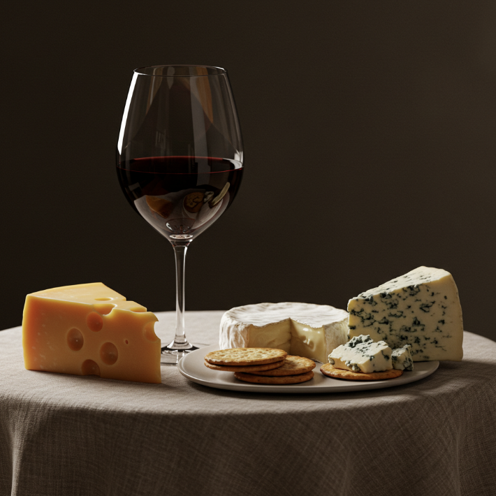 티 테이블 위에 레드 와인과 치즈