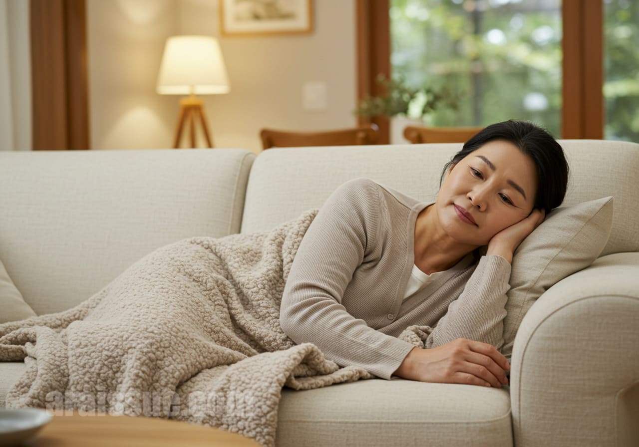 백신 접종 후 팔을 감싸고 휴식을 취하는 중년 한국 여성이 담요를 덮고 소파에 앉아 있는 장면. 피로감이 살짝 느껴지는 표정과 따뜻한 가정 배경이 특징입니다.