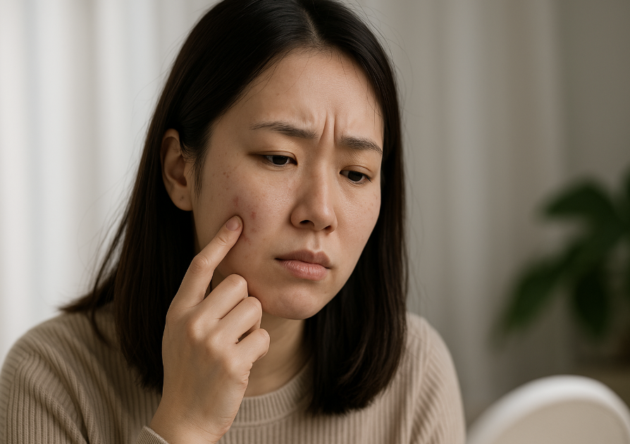 계절 변화로 인한 피부 트러블을 확인하는 20대 후반 한국 여성이 거울 앞에서 뺨의 여드름 부위를 살피는 장면, 피부 관리의 중요성을 표현한 이미지