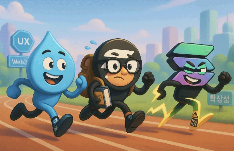 Web3 블록체인 캐릭터 경주 장면이 담긴 이미지. 이 이미지는 SUI, Aptos, Solana를 각각 유쾌한 픽사풍 캐릭터로 표현하여 기술적 차별성과 구조적 경쟁 구도를 직관적으로 보여주며, 블로그의 차세대 블록체인 기술 비교 주제와 관련된 내용을 설명함 (SUI vs Aptos vs Solana blockchain race, Web3 UX, scalability illustration)