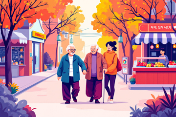 마을 거리에서 치매 노부부가 보호자와 함께 산책하며 주변 상점을 둘러보는 모습. 