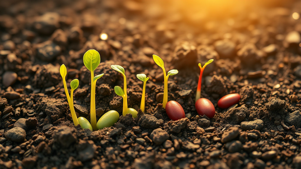 밭흙 위에 콩과 팥 싹이 자라고 그 옆에 실제 콩과 팥 알이 놓여 있는 모습