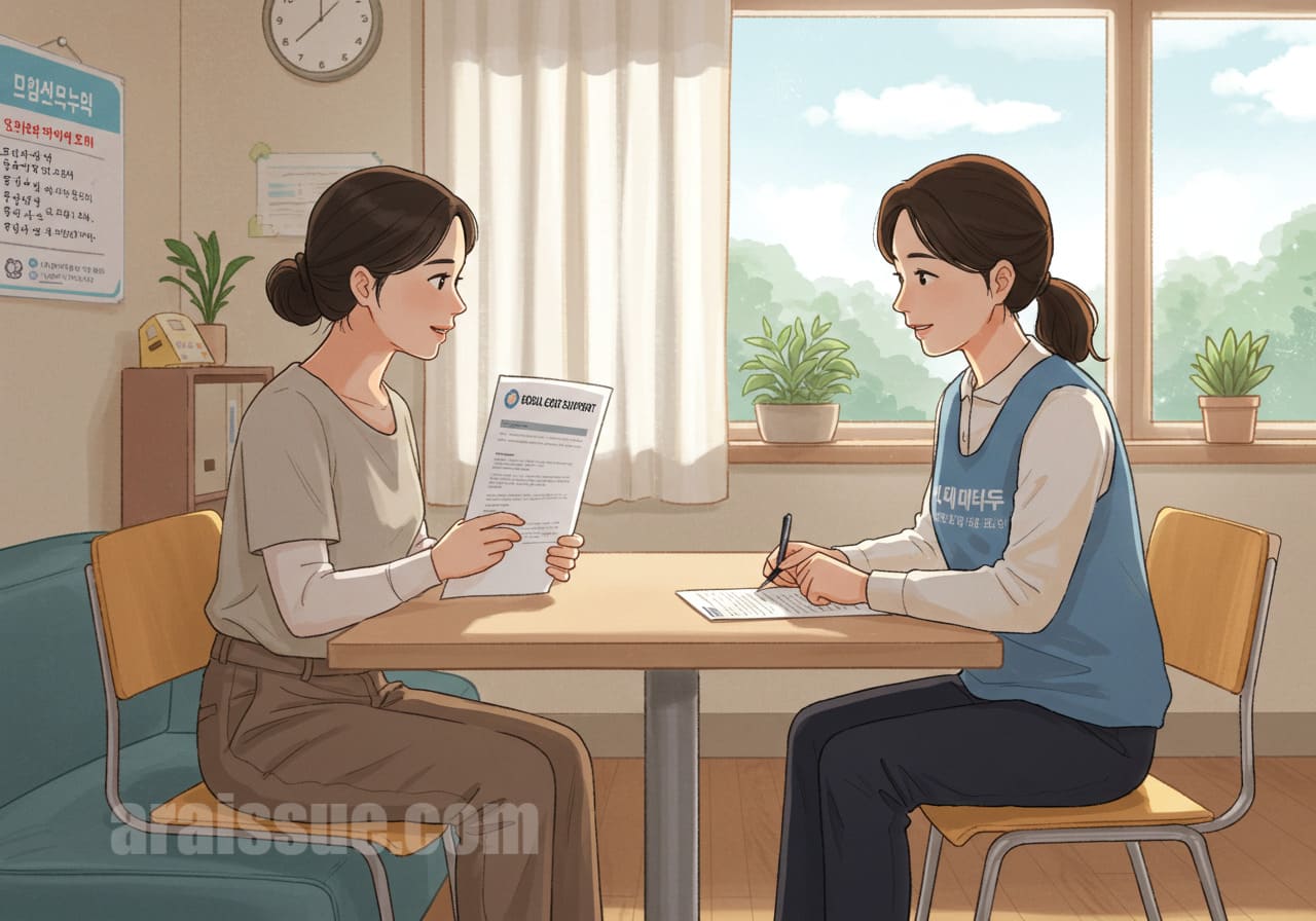 보건복지 담당자와 상담 중인 여성 환자가 의료비 지원 신청서를 작성하는 장면. 따뜻하고 신뢰감 있는 분위기로 표현됨.