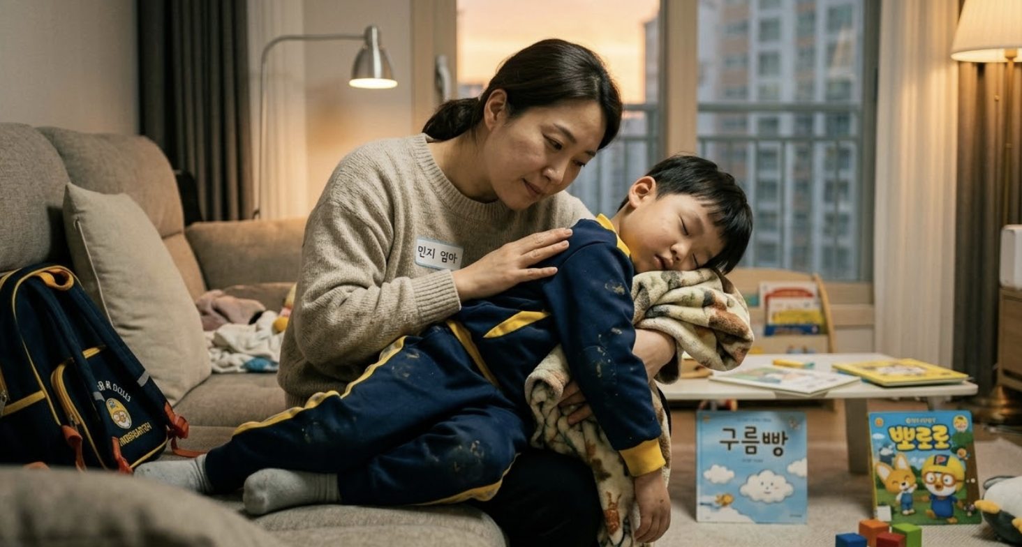 낮잠을 못 버티고 잠든 아이를 바라보는 엄마