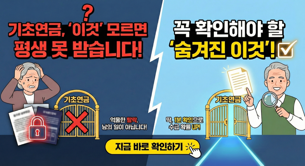 기초연금 수급 자격 관련 블로그 썸네일 이미지. 왼쪽은 '이것 모르면 평생 못 받습니다'라는 문구와 함께 기초연금 문이 닫혀 좌절하는 어르신의 모습을, 오른쪽은 '숨겨진 이것'을 확인하고 문이 열려 기뻐하는 어르신의 모습을 대조적으로 보여줍니다. 기초연금 탈락을 막기 위해 꼭 확인해야 할 숨겨진 요인이 있음을 암시하며 '지금 바로 확인하기' 버튼 클릭을 유도합니다.