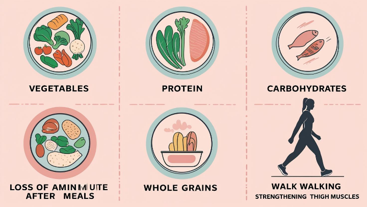 혈당 관리를 위한 복부지방 감량, 허벅지 근육 강화, 식사 순서, 식후 걷기 인포그래픽