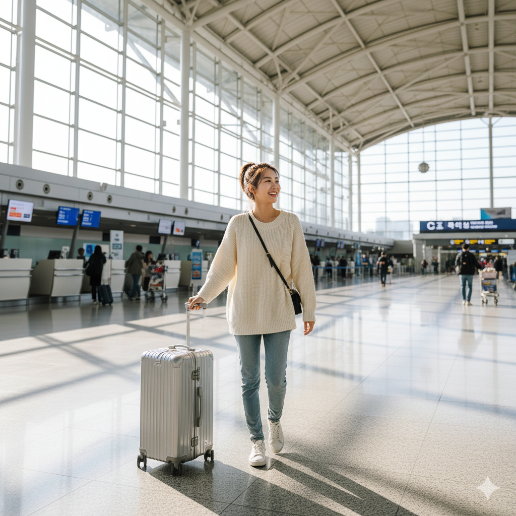 인천국제공항, 밝은 표정의 한국여성이 여행용캐리어를 끌고 이동하는 모습