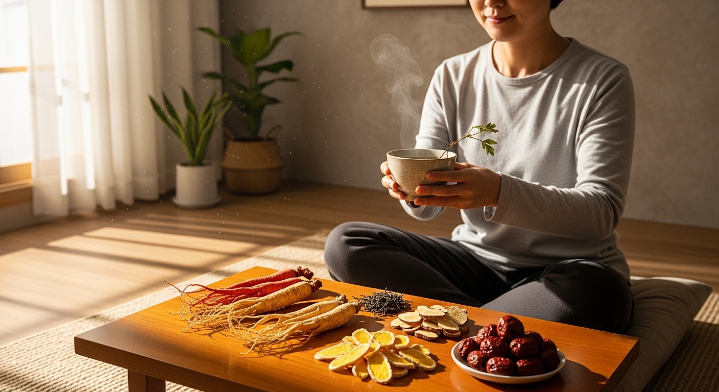따뜻한 햇살 아래 한인 남성이 홍삼과 황기 차를 마시며 편안하게 휴식하는 모습. 전통적인 면역력 강화의 지혜를 표현합니다.