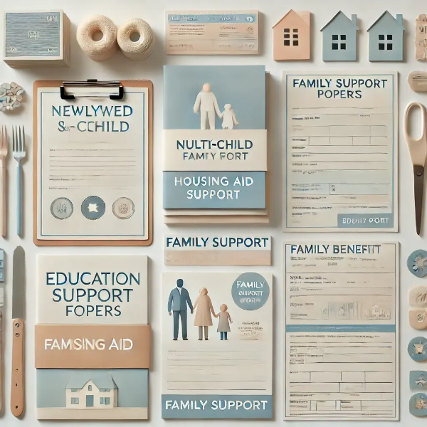 하얀 배경 위에 정리된 2025년 신혼부부 및 다자녀 가족 지원 서류와 안내 자료의 전문 스튜디오 촬영 사진