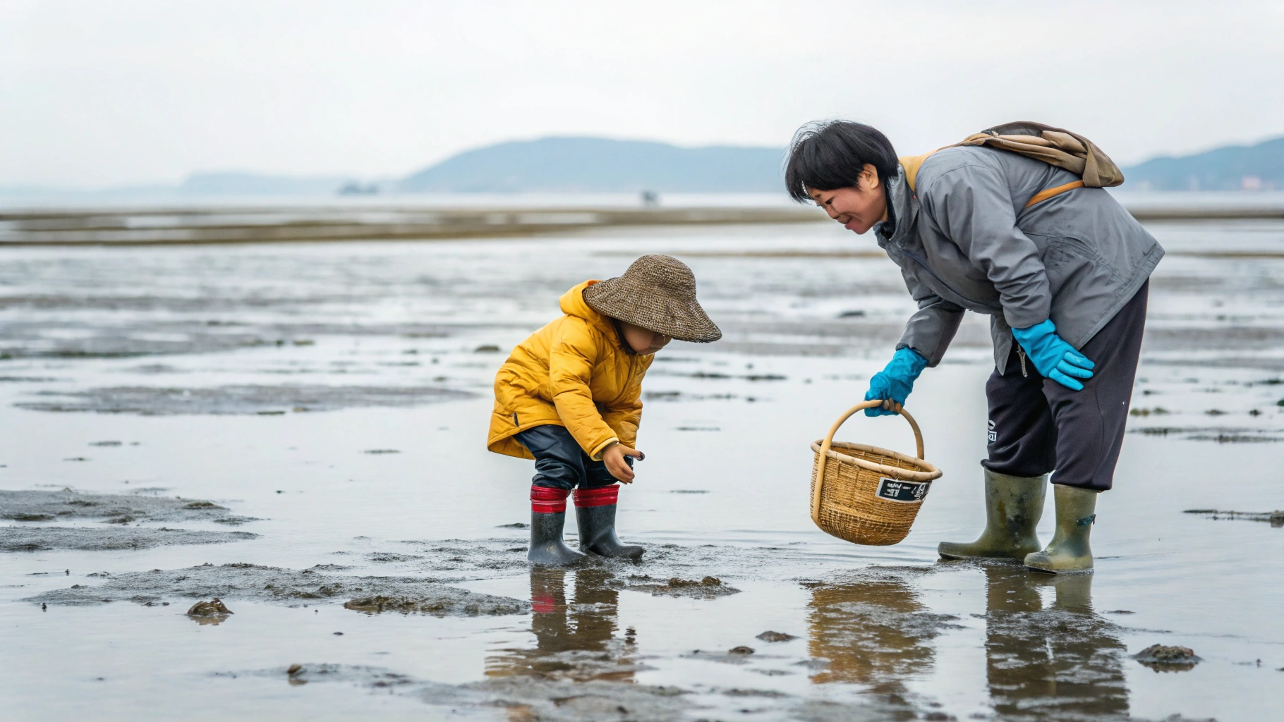 조개를 직접 체험하고 있는 아이와 부모