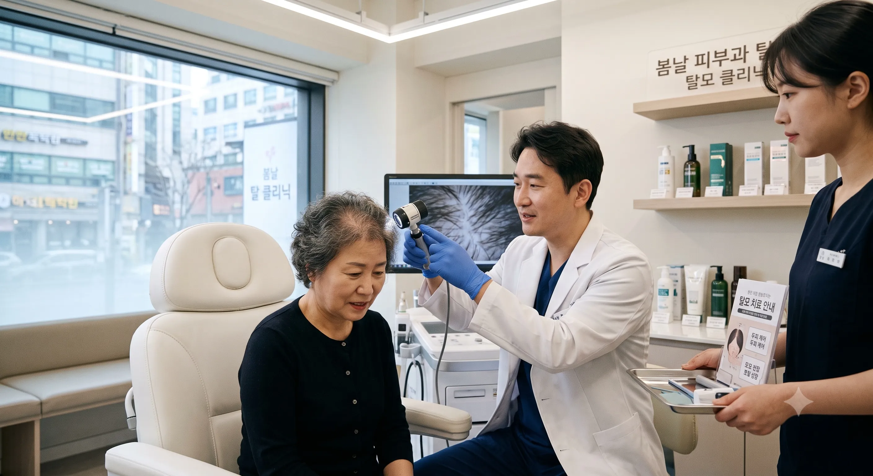 탈모치료를 하기 위해 50대 여성이 병원을 방문하여 의사와 함께 치료를 하는 이미지