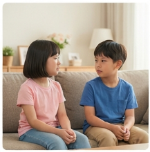 딸과 아들이 거실에서 나란히 앉아 이야기 나누는 모습