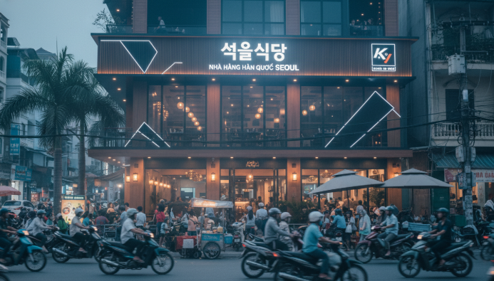 2025년 베트남 한인촌에 위치한 세련된 한국 식당의 야경.