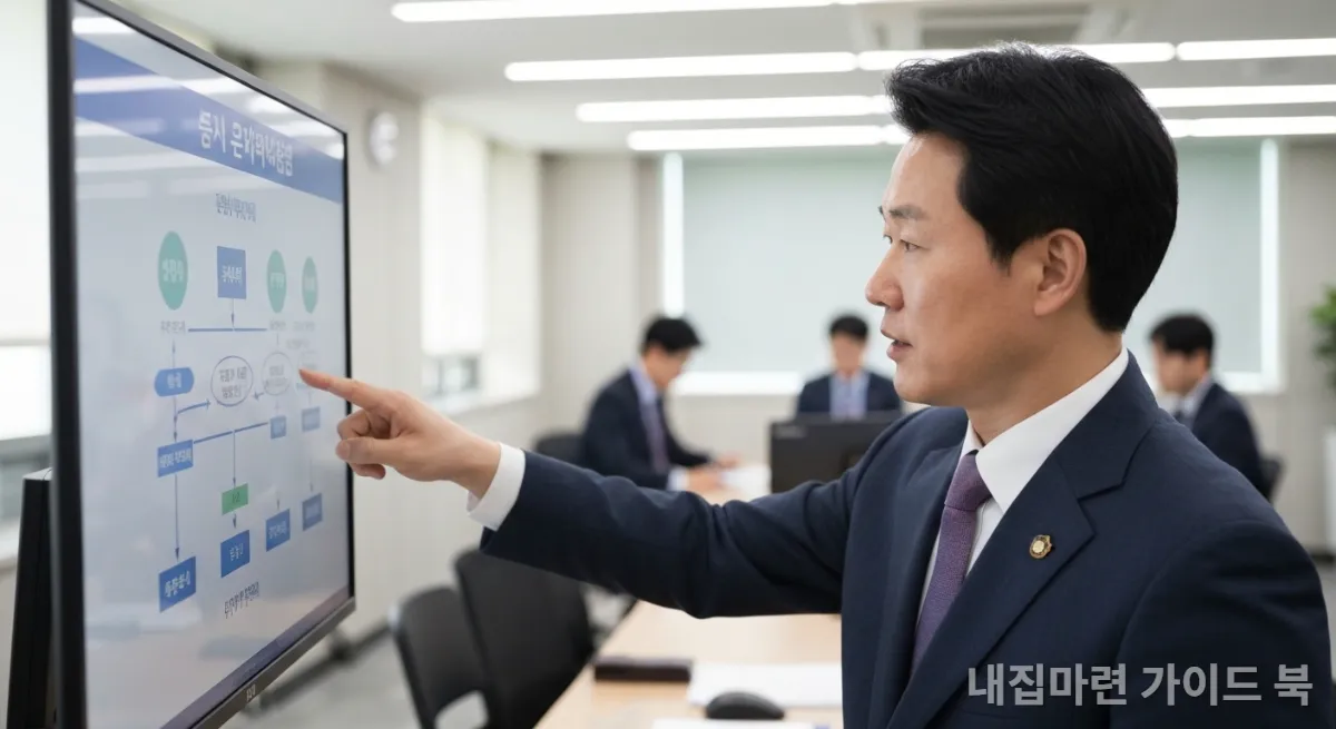 현대적인 사무실에서 전세사기 피해 지원 흐름도를 설명하는 한국인 공무원
