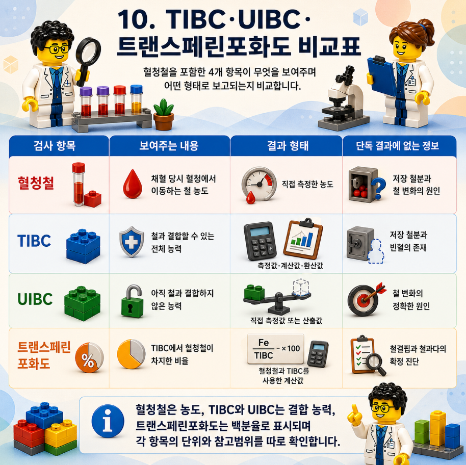 레고 스타일 메디컬 인포그래픽으로 TIBC, UIBC, 트랜스페린포화도 검사 Q&A와 계산 방법, 단위, 결과 차이를 설명한 이미지