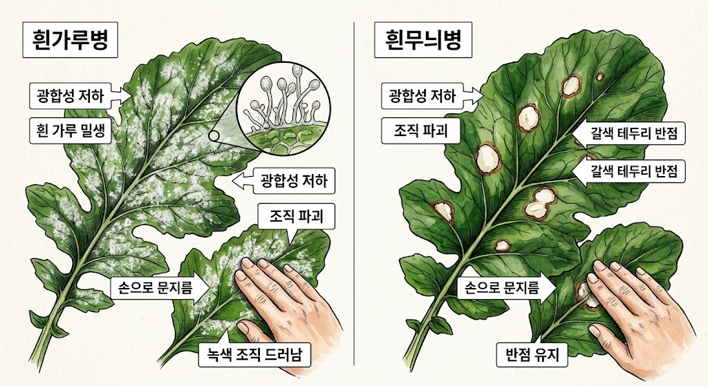 흰가루병과 흰무늬병의 증상 차이를 비교 설명하는 인포그래픽