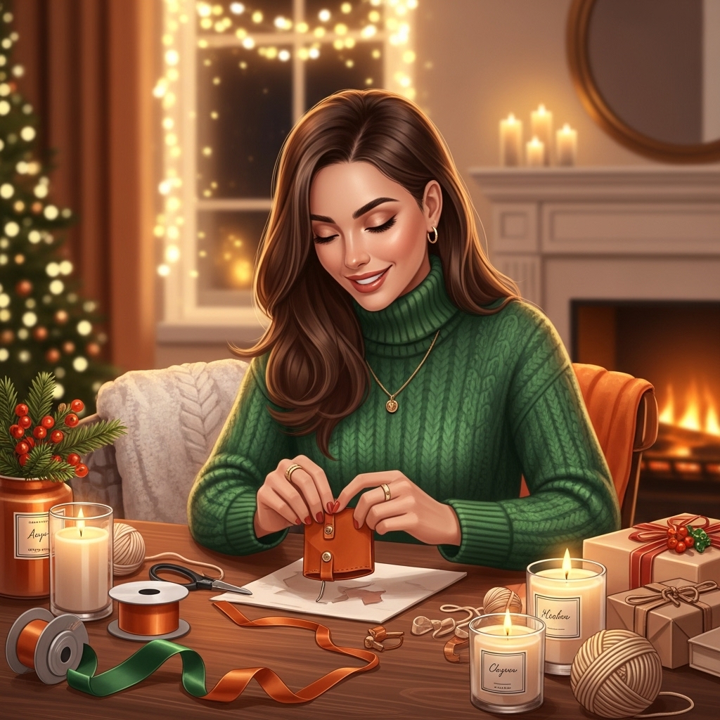 30대 여성이 따뜻한 크리스마스 분위기 속에서 수제 캔들과 가죽 공예품을 만들며 행복해하는 모습