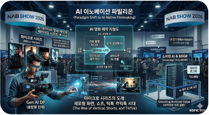 NAB 쇼 2026의 AI 이노베이션 파빌리온 전시장 전경이다. 왼쪽에는 융합형 인재인 'Gen AI DP'가 시네마 카메라를 들고 홀로그램 데이터 스트림을 제어하고 있으며, 그 뒤로 '마이크로 시리즈'용 세로형 모니터들이 배치되어 있다. 중앙에는 전통 촬영 미디어에서 순수 생성형 AI로의 '패러다임 시프트'를 나타내는 영화 제작 지형도 매트릭스가 떠 있고, 오른쪽에는 가드레일을 뜻하는 차단봉 안에 '소버린 AI 및 MAM' 서버 랙이 설치되어 있다.