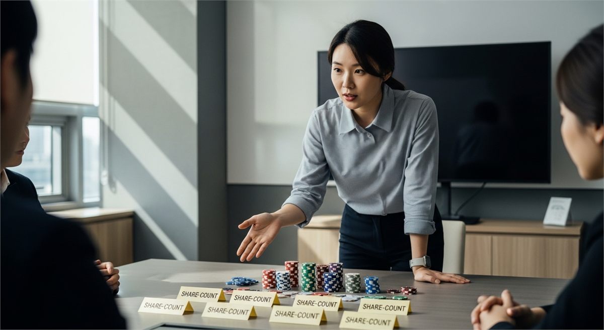 주식병합 개념을 설명하는 한국인 직장인 장면
