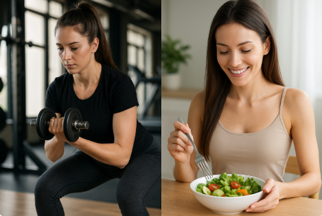 운동하는 여성과 식단하는 여성