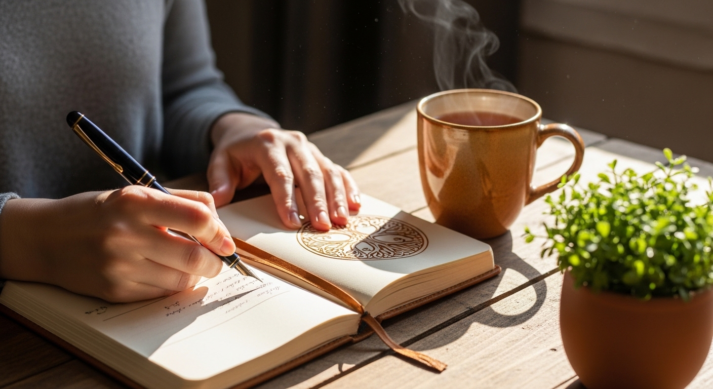 따뜻한 차와 식물 옆에서 일기를 쓰는 사람의 모습. 자기 이해와 감정 정리를 상징합니다.